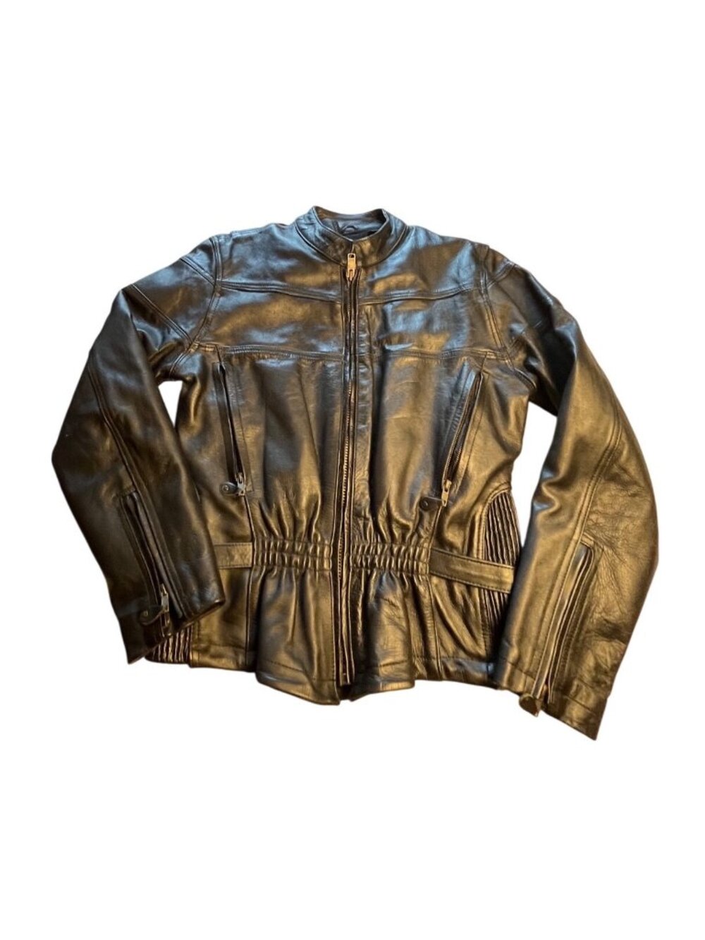 Zony Inc. S Womens Black Leather Motorcycle Biker Jacket Cinched Waist & Lining